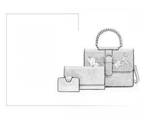 Detailed set of grey faux leather handbag, wallet, and card holder with floral appliqués