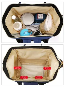 Interior of navy diaper bag showing four pockets and spacious storage for baby essentials