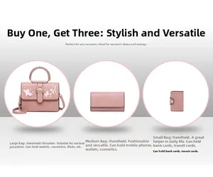 Three-piece pink leather handbag set with floral embroidery and detachable strap