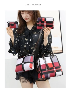 Detail view of 4-piece fashion patchwork plaid tote bag set with tassels on model