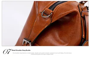 Close-up of durable gunmetal strap hardware on a brown pebbled leather shoulder bag