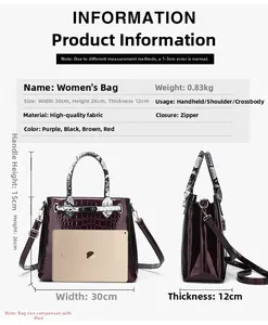 Detail view of purple crocodile texture tote bag with dimensions 30x26x12cm and snakeskin handles