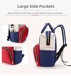 Detail view of large side pockets on tricolor multi-function backpack for baby bottles