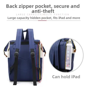 Detail view of anti-theft back zipper pocket on blue nylon backpack with iPad storage