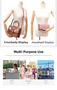 Detailed view of brown floral embroidered satchel and pink wallet set for women