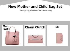 Detailed pink 3-piece bag set with tassel tote, metal buckle chain bag and card holder