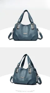 Detail of blue faux leather handbag featuring soft pleated texture and silver hardware