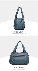 Detail view of the side and back of a dark blue textured faux leather handbag