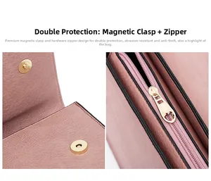 Detailed view of pink lychee leather bag with gold heart-shaped zipper and magnetic closure