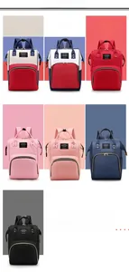 Grid display of multi-functional mommy backpacks in seven different vibrant color options