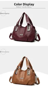 Close-up of leather handbag details with metal U-shaped buckle and textured finish
