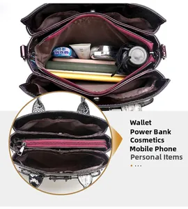 Detail view of large purple tote bag with multi-compartment interior and snakeskin handles