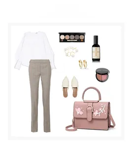 Flat lay of pink floral handbag paired with white shirt and plaid pants for women
