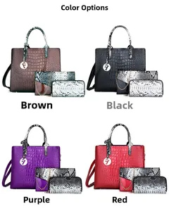Three-piece women's handbag set featuring crocodile pattern in four stylish colors