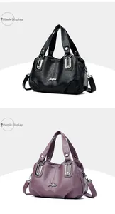 Detail view of large capacity faux leather tote bags in black and purple with metal logo