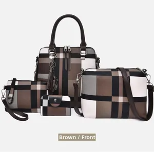 Detailed front view of brown 4-piece set showing patterned handbag and tassel charm