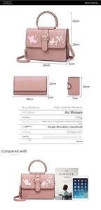 Detailed view of pink tote with flower embroidery, pearls, and matching wallets set