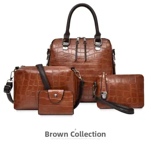 Ensemble de 4 sacs à main marron motif crocodile avec cabas, sac bandoulière et pochette