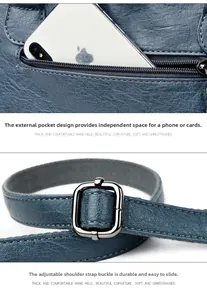 Detail of dark blue lychee leather bag with zipper pocket and adjustable metal buckle strap
