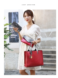 Three-piece red crocodile pattern tote bag set with snake print crossbody and wallet