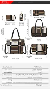 Size chart showing six-piece plaid pattern handbag set including tote and crossbody bags