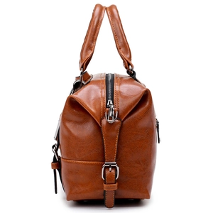 Retro brown faux leather Boston handbag for women with metallic buckle and zipper details