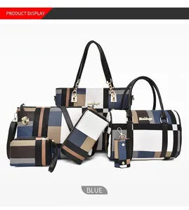 Detail of 6-piece tote bag set featuring blue geometric plaid pattern and gold hardware