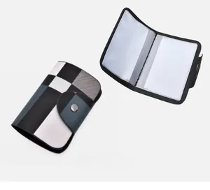 Detailed view of checkered multi-slot card holder with stylish color-block pattern