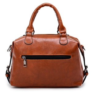 Retro dark brown boston handbag with durable top handles and rear zipper pocket