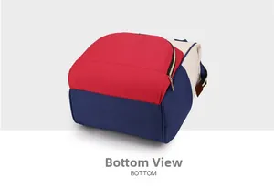 Detailed bottom view of large capacity color-block backpack showing reinforced base
