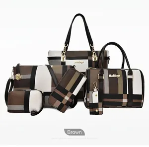 Detailed close-up of 6-piece women's brown plaid handbag set with metal logo