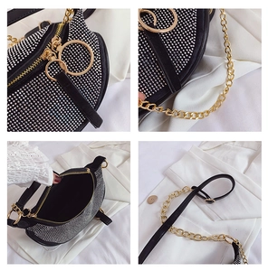 Detail shots of black crescent rhinestone bag with gold zipper and chain strap