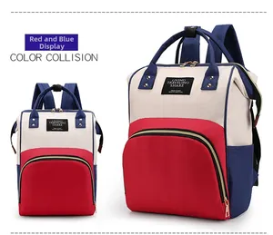 Detail of red and blue color-block multifunctional backpack with premium leather brand label