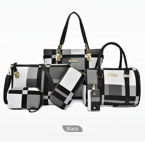 Detailed view of 6-piece women's handbag set featuring classic black and white plaid patterns