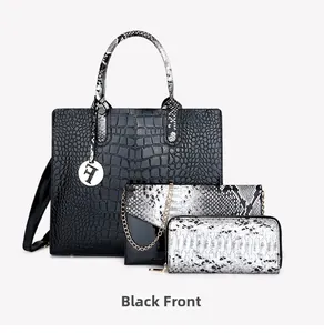 Detailed set of black crocodile pattern tote, snake print chain bag, and long wallet