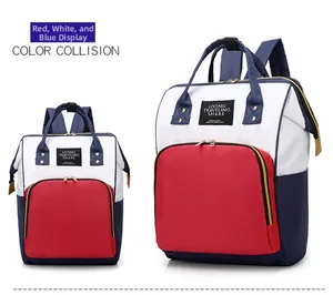 Close-up of red white blue color-blocked backpack showing dual strap and handle detail