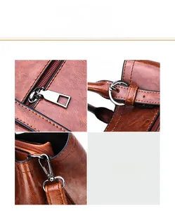 Detail of silver multi-layer plating hardware and oily wax texture on brown handbag