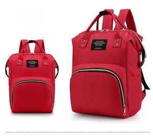 Detail view of the red multi-functional mommy backpack with top handle and zippers