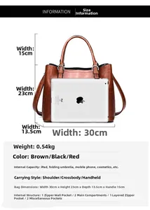 Detailed size chart for large patent leather tote showing dimensions and iPad capacity