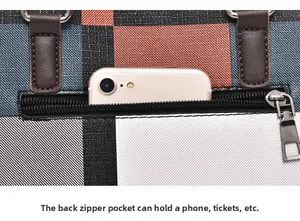 Close-up of the back zipper pocket of the checkered tote bag holding a smartphone