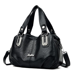 Classic black faux leather tote bag with pleated texture and silver metal hardware accents