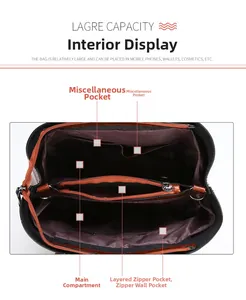 Internal view of a large brown patent leather handbag with multi-compartment storage