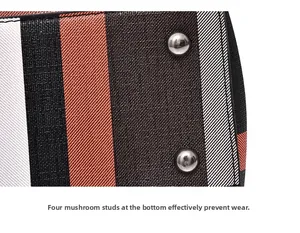 Detail view of colorful striped tote base with silver metal protective studs for wear resistance