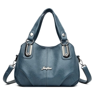 Dusty blue large capacity faux leather shoulder bag with top handles and silver logo