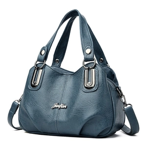 Retro blue PU leather tote bag with silver Jinfin logo and detachable shoulder strap