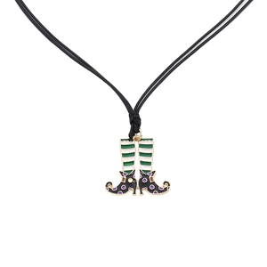 Halloween witch boot pendant necklace with green stripes and orange dots on white background
