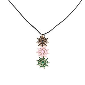 Retro spider web pendant necklace with black pink and green enamel charms on black cord