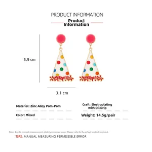 Detailed view of colorful enamel party hat earrings with pink pompom and size dimensions