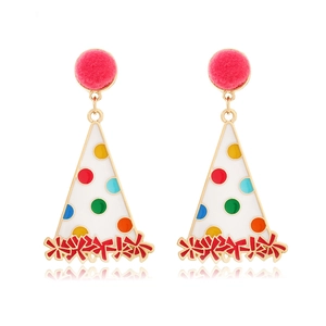 Birthday Hat Dangle Earrings Alloy Enamel Colorful Polka Dots Plush Pom Pom Party Jewelry Sweet Cute Women Gift