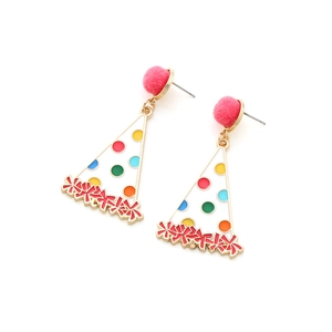 Colorful pom-pom birthday hat earrings with enamel polka dots and red bow design